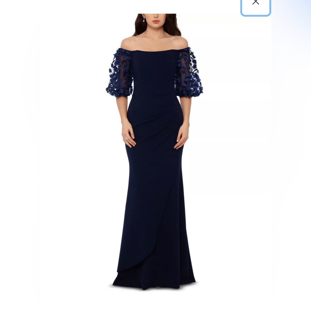 Xscape Blue Off-Shoulder Puff Sleeve Gown for Weddings